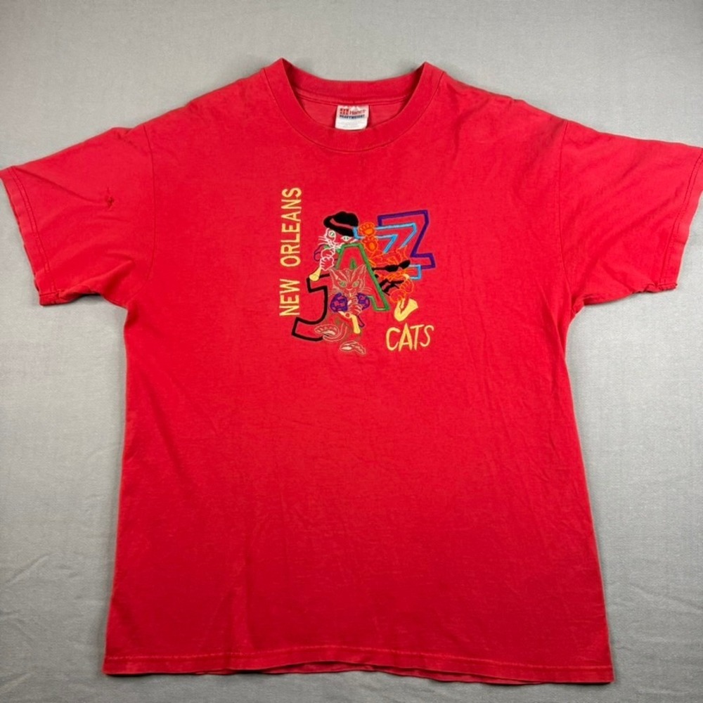 Vintage Hanes New Orleans Jazz Cats Graphic T-Shirt Red Embroidered Mens Large